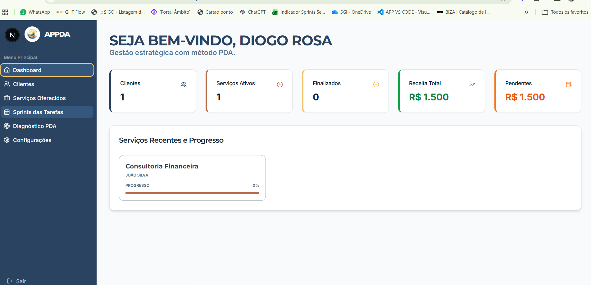 Tela do sistema APPDA, desenvolvido pela PDA Soluções